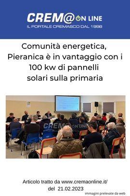 Comunità energetica, Pieranica è in vantaggio con i 100 kw di pannelli solari sulla primaria
